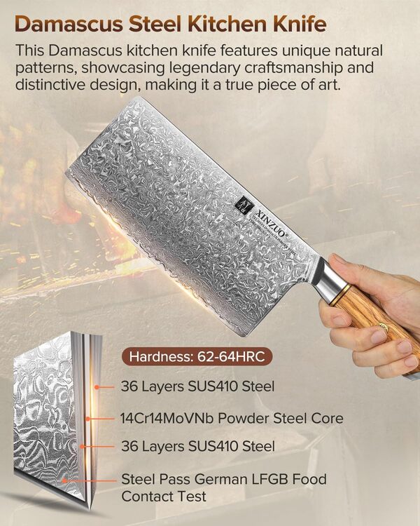 XINZUO Couperet Couteau 19cm, 73 Couches en Acier de Damas Poudre d'Acier Noyau en Acier Couteau de Chef Chinois, Multifonctions Couperet de Viande de Légumes -Poignée en Bois d'Olivier