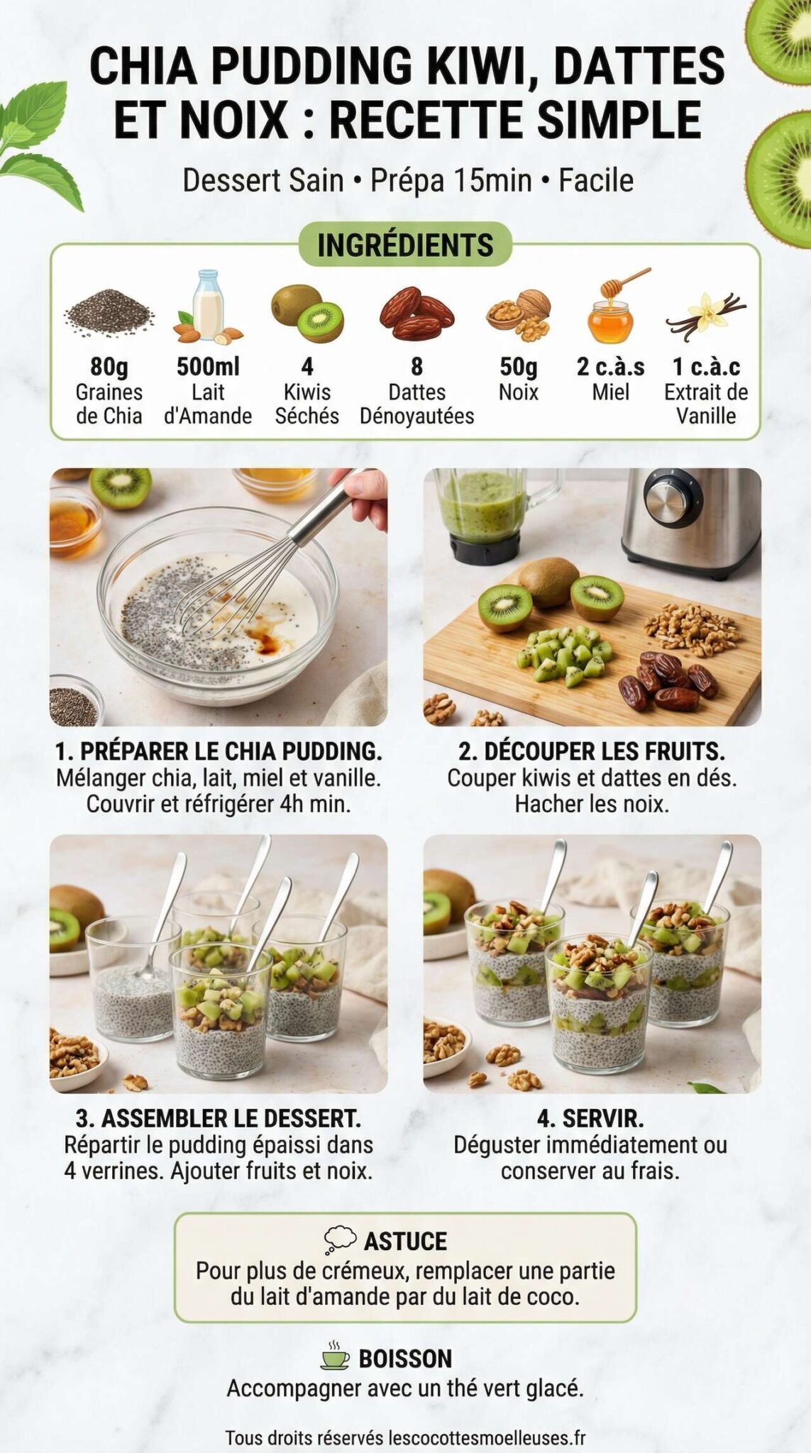 Fiche recette Chia Pudding Kiwi, datte et Noix : recette Simple