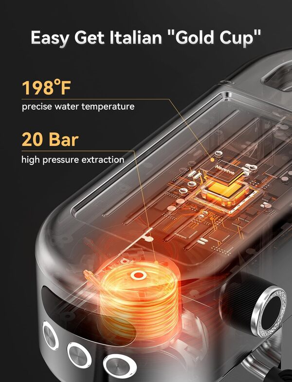 Neretva Machine a Cafe 20 Bar, Cafetière Expresso 1350W Compacte En Acier Inoxydable Avec Mousseur À Lait & Écran LED Machine à Cafe Utiliser Pour La Maison Capacité 1,3L - Espresso/Macchiato/Latte