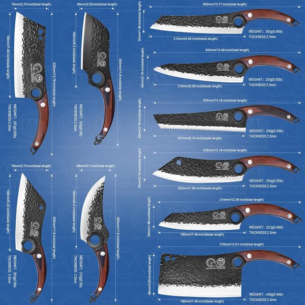 XYJ Authentic depuis 1986, set de 10 couteaux avec sac à rouler, ciseaux, acier aiguisé, grand couteau de boucherie, couteau forgé, manche complet, acier à haute teneur en carbone
