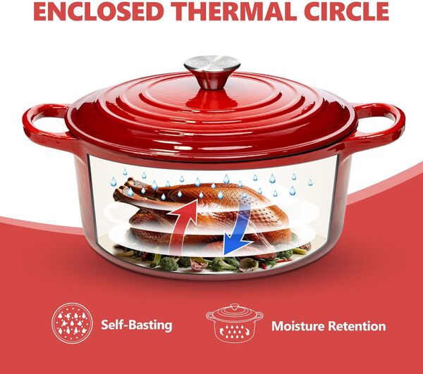 Cocotte en fonte émaillée de 5,5 l avec couvercle, passe au four jusqu'à 260 °C et sur toutes les tables de cuisson, rouge 26 cm Ventual