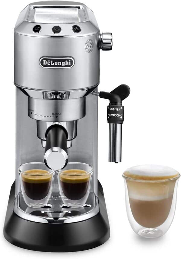 De'Longhi Dedica Style, Machine expresso pour préparer des boissons café et lactées, EC685M, Acier Chromé & DLSC058-Tasseur de café en acier inoxydable