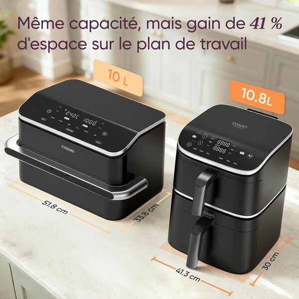 COSORI Air Fryer Turbo Tower 10,8L, Friteuse Sans Huile à 2 Tiroirs, 3 Niveaux Cuisson,6-en-1,Design compact et Empilable,41 Pour Cent Moins Large que les Double Airfryer Traditionneles,20+ Recettes