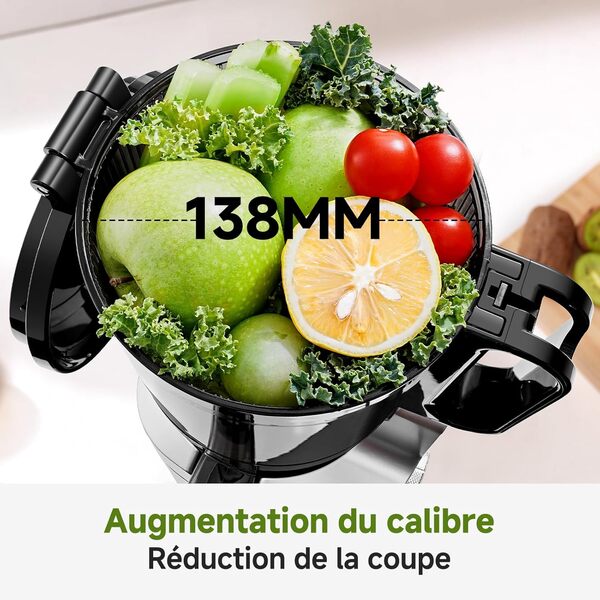 AMZCHEF Extracteur de jus automatique Vos mains libres, Ouverture de 138 mm et capacité de 2L Extracteur de jus de fruits et légumes entiers, Extracteur jus lent de 250W avec triple filtre - Argenté