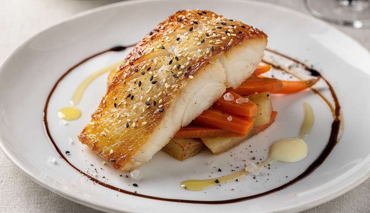 Dos de cabillaud en croûte de sésame et légumes glacés