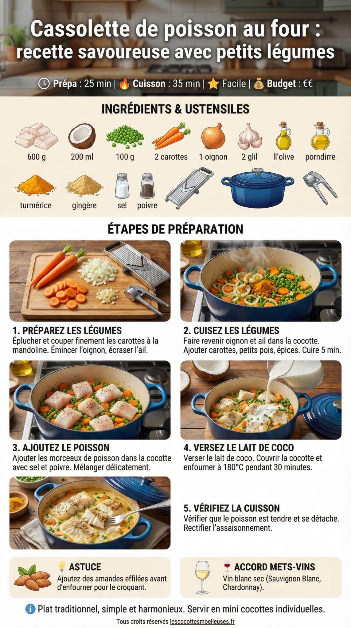 Fiche recette Cassolette de poisson au four : recette savoureuse avec petits l&eacute;gumes