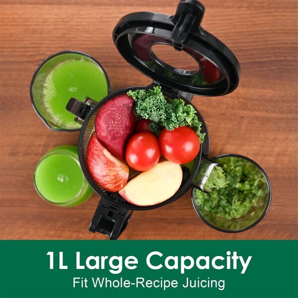 Fretta Presse-agrumes à froid à mastication lente avec trémie de 108 mm et 1,0 L pour fruits et légumes entiers, extracteur de jus à haut rendement, 200 W, Tritan sans BPA, argenté brillant