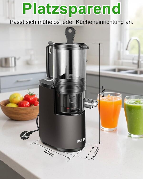 Extracteur de jus lent avec ouverture XL 130 mm pour fruits et légumes entiers, capacité 1,8 L, facile à nettoyer avec 2 récipients, presse à jus électrique – gris