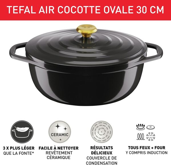 Tefal Cocotte en fonte ovale 30 x 23 cm (5,7 L), Induction, Revêtement céramique, Couvercle à condensation, Rétention de chaleur, Cuisson lente, Légèreté, Air, Gris E2558904