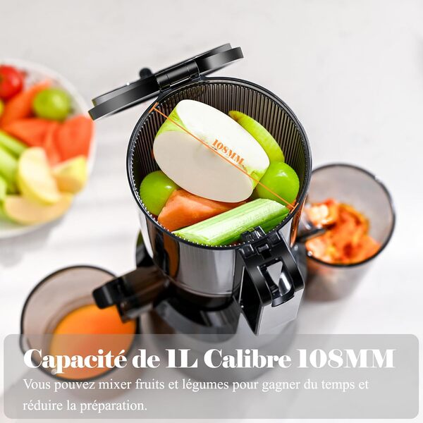 Extracteur de Jus, Fretta Extracteur de Jus de Fruits et Légumes Entiers, Grande Ouverture de 108mm Slow Juicer, 1L Capacité, Pression à Froid, Facile à Nettoyer, Sans BPA, 200W(Noir)