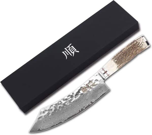 Sunlong Couteau de boucher 8 pouces Pro Breaking Knives japonais VG10 martelé en acier damas - manche en bois de cerf ergonomique