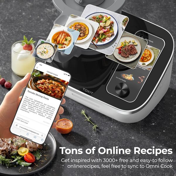 TOKIT Omni Cook Roboter Tout-en-un Cuisine Multifonction Robot Patissier 21 Modes de Cuisine Intégré 7 '' Ecran Tactil Guide de Recettes, Pré-nettoyage, Hachoir Presse-agrumes, Robot Mélangeur, Mixeur