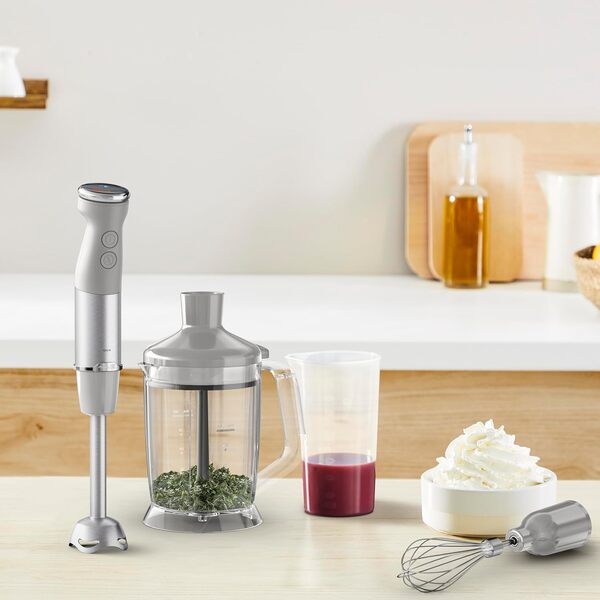 Tefal Quickchef+ HB67MB30 Mixeur plongeant 3 en 1 XL 1000 W Contrôle intuitif de la vitesse Bouton Turbo Technologie couteau Powelix, acier inoxydable, gris