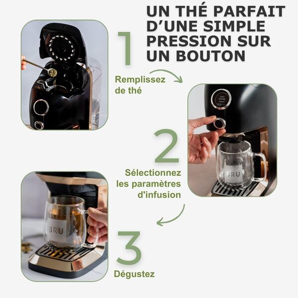 Machine à thé BRU pour thé en vrac & herbes & sachets de thé, SANS capsules, distributeur d'eau chaude & machine à thé, système de nettoyage automatique (Noir/Chrome)