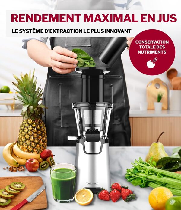 TURMIX CX 680 extracteur de jus de fruits et légumes a froid 150W – machine a jus Silencieux, compact et facile à nettoyer avec 3 filtres interchangeables, sans BPA