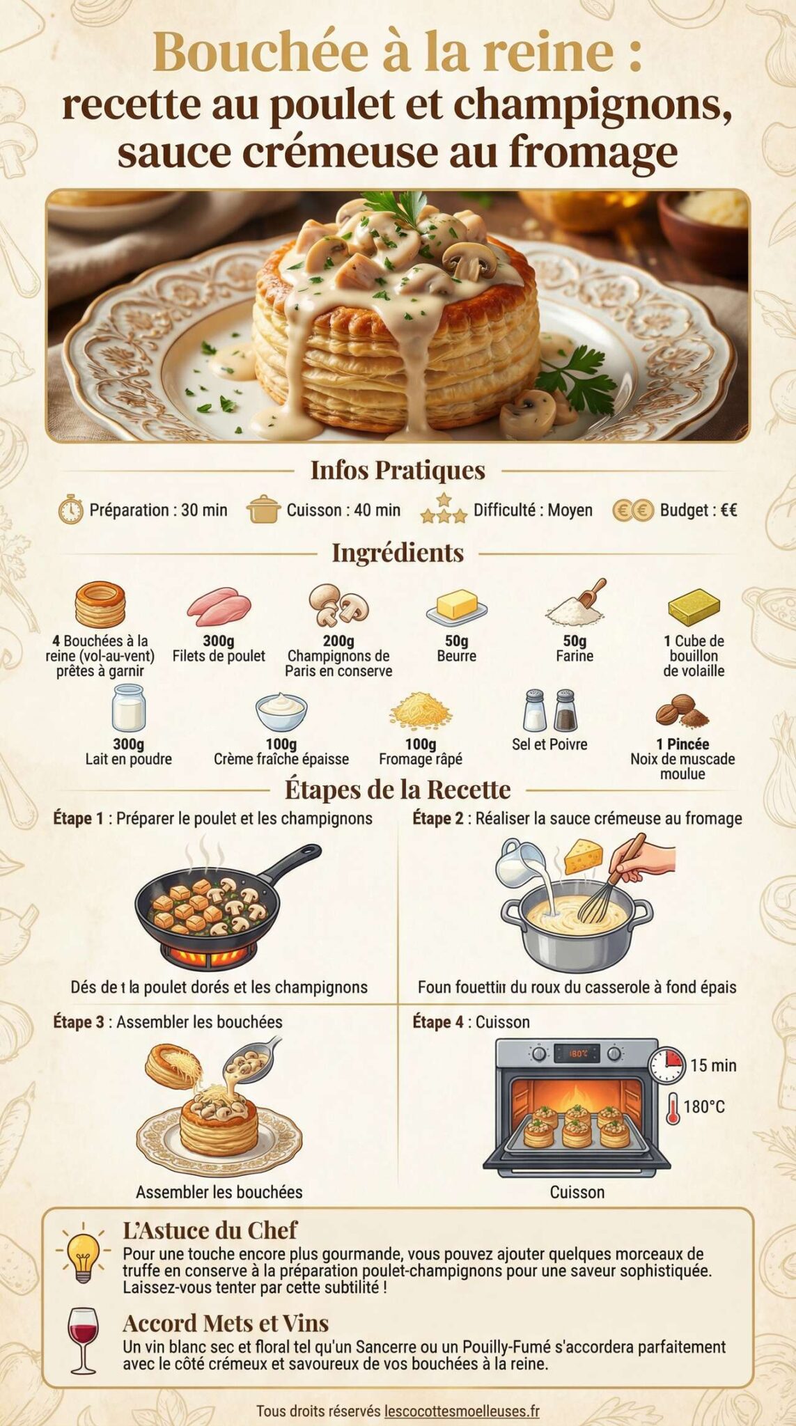Fiche recette Bouchée à la reine : recette au poulet et champignons, sauce crémeuse au fromage Fiche recette Bouchée à la reine : recette au poulet et champignons, sauce crémeuse au fromage