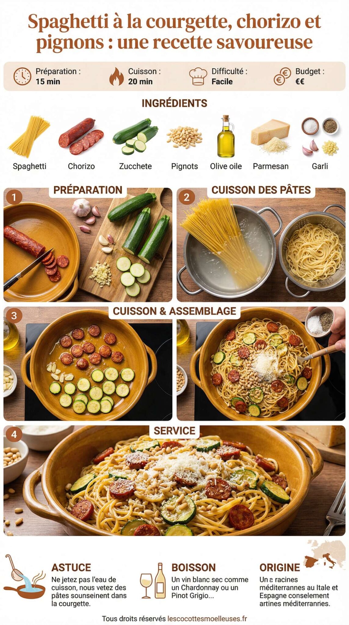 Fiche recette Spaghetti &agrave; la courgette, chorizo et pignons : une recette savoureuse