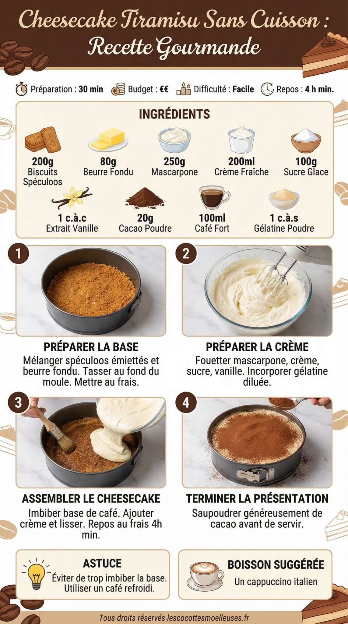 Fiche recette Cheesecake Tiramisu Sans Cuisson : recette Gourmande