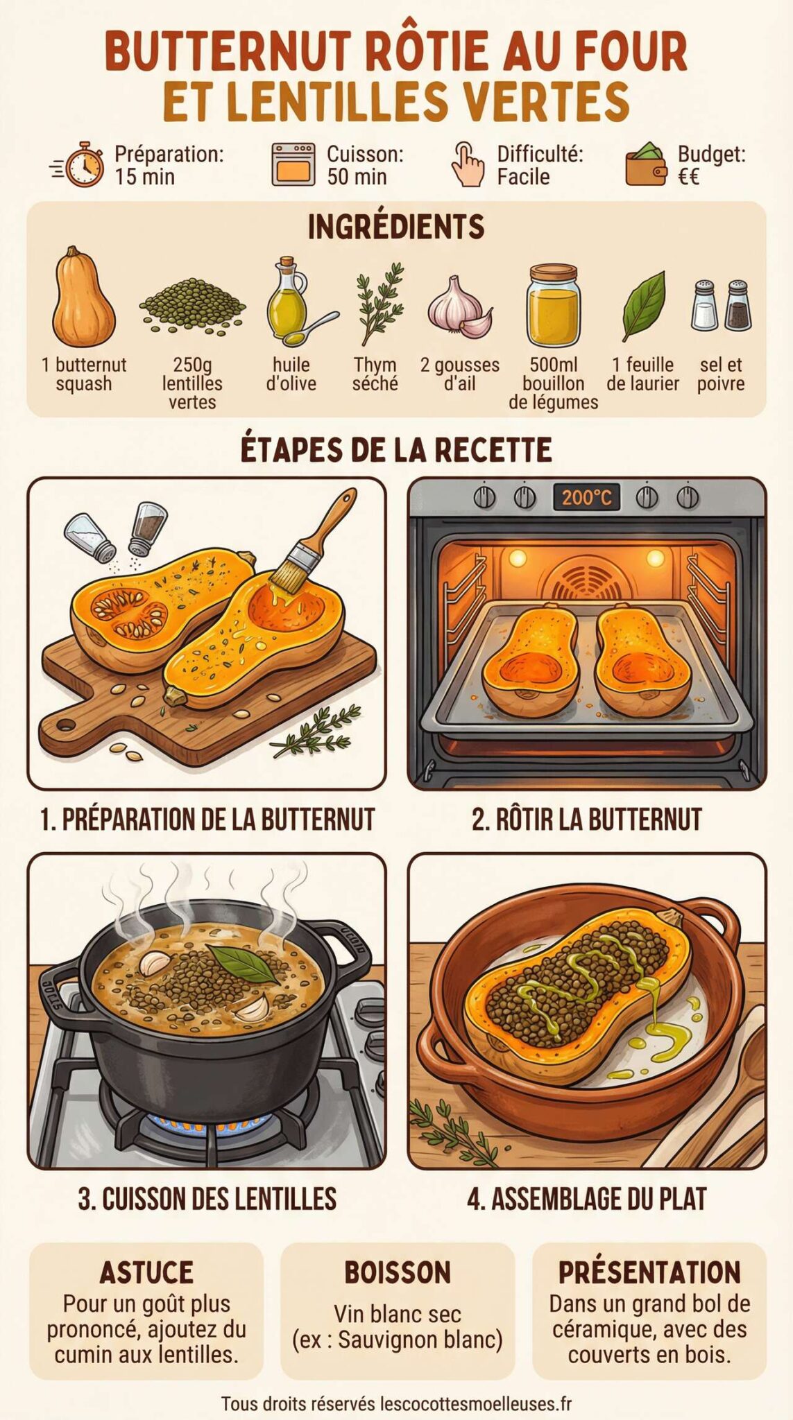 Fiche recette Butternut R&ocirc;tie au Four et Lentilles Vertes : recette Savoureuse