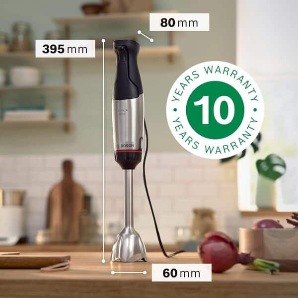 Bosch MSM6M673 - Mixeur plongeant ErgoMaster Série 6, mini hachoir, presse purée, bol multifonction et 4 autres accessoires inclus, système de mixage QuattroBlade System Pro,1000 watts, Argent/Noir