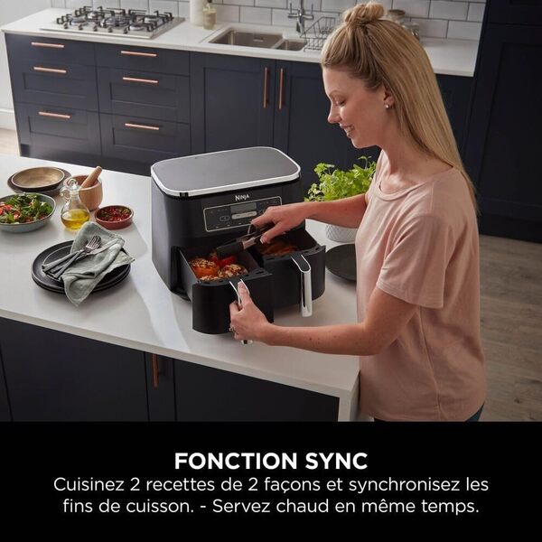 NINJA Foodi DualZone Air Fryer 2 Compartiments, 2 Zones de Cuisson Indépendentes, Capacité 7,6L, Air Fyer 6-en-1, Max 240°C, Pièces Antiadhésives Amovibles lavables au lave-vaisselle, Noir AF300EU