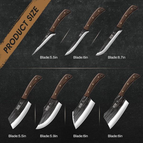 HOSHANHO Set de Couteau de Boucher, Forgés à la Main Avec étui, Couteau à Viande Tranchant, Couperet de Cuisine, Couteaux à Désosser Filet Pour la Maison, le Camping et le BBQ Pour Homme