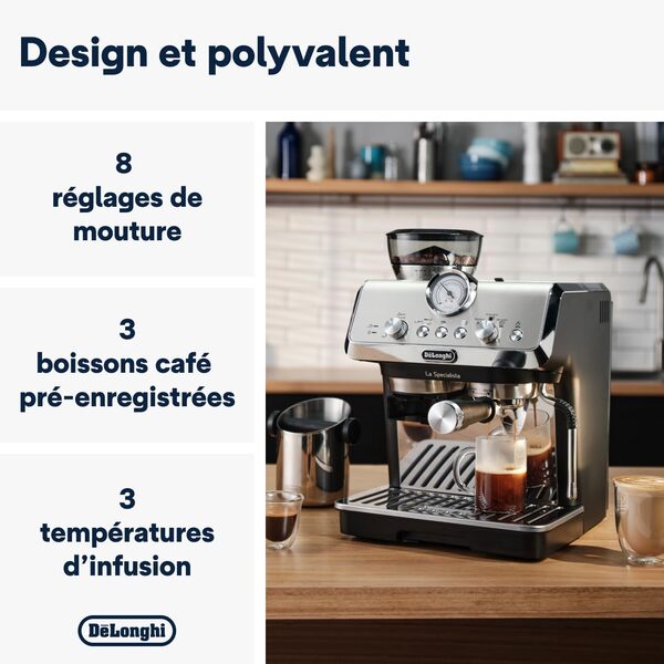 De'Longhi La Specialista Arte EC9155.MB, Machine Expresso Manuelle, Moulin intégré avec 8 finesses de mouture, Contrôle Actif de la Température, Buse vapeur MyLatte Art, Métal/Noir [Classe énergétique A+]