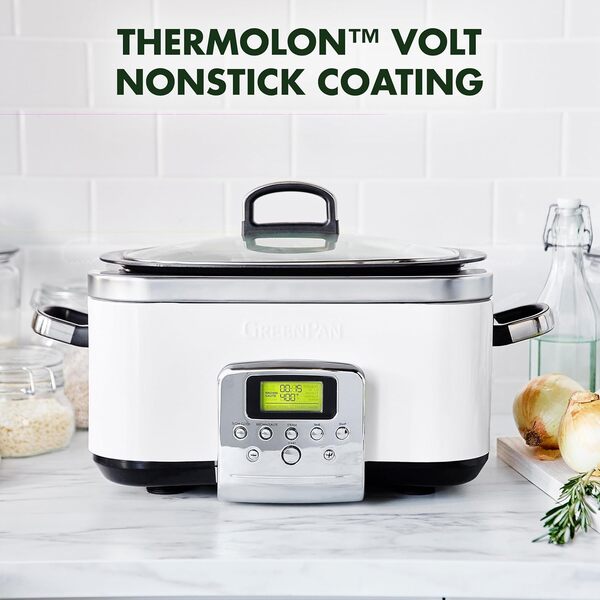GreenPan Elite 8-in-1 Mijoteuse Programmable 6L, Couvercle et Plateau Amovible Lavable au Lave-Vaisselle, Céramique Non-Adhérente Saine Sans PFAS, Cuisson, Sauté, Panier Vapeur, Rôtissage, Crème