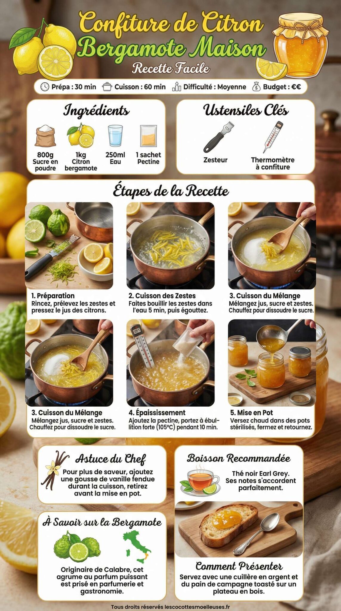 Fiche recette Confiture de citron bergamote maison : recette facile