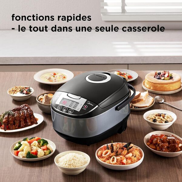 Midea Cuiseur de riz multifonctionnel avec cuit-vapeur (10 tasses, 1,8 litre) 11 fonctions multicuisson, affichage LED, réchauffeur, minuterie, pot intérieur anti-adhérent amovible (noir)