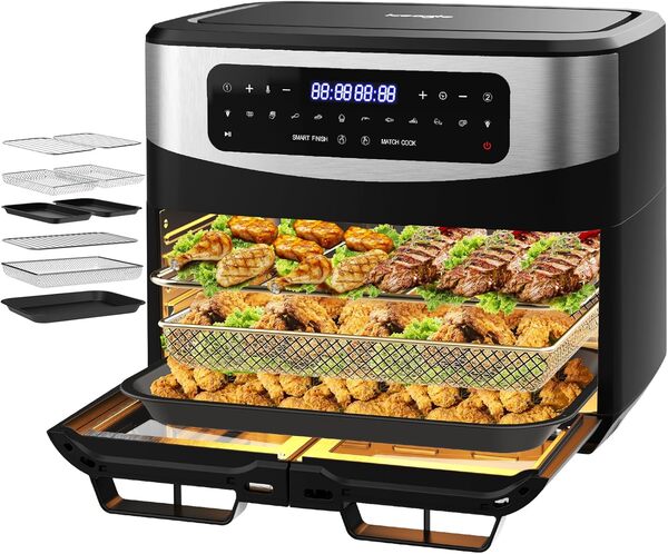 Iceagle Air Fryer 12 L Friteuse sans Huile - Friteuse à Air Chaud avec 10 Programmes, 2 Tiroirs, Fenêtre Visible, Panneau Tactile LED, Fonctions Match Cook & Smart Cook, 2600W, Noir