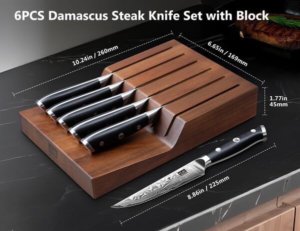 SHAN ZU Ensemble de Couteaux à Steak Damas avec Bloc, Couteaux de Table Dentelés en Acier Japonais à Haute Teneur en Carbone, Manche Ergonomique G10 et Coffret Cadeau - PRO Series