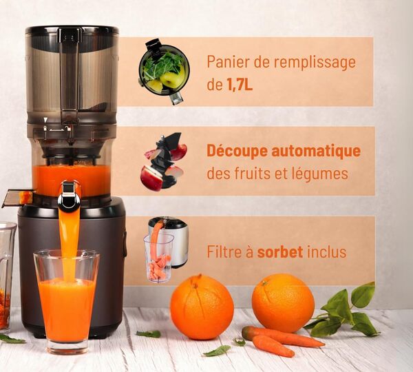 Kuvings | Extracteur de jus Mains libres AUTO6 | Découpe automatique des fruits et légumes entiers | Panier 1,7L | Nettoyage facile | Silver