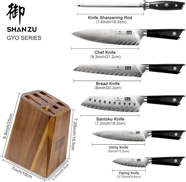 SHAN ZU Ensemble de Couteaux de Cuisine Damas, Set de 5 pièces Professionnels pour Chef, Acier Damas Japonais 10Cr15MoV avec Bloc de Couteaux à Manche G10