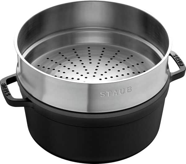 STAUB Cocotte en Fonte Émaillée avec Couvercle et panier vapeur, Tous feux dont induction, 4 à 5 personnes, Ronde, 26 cm, 5 L, 7,2 kg, Noir Mat