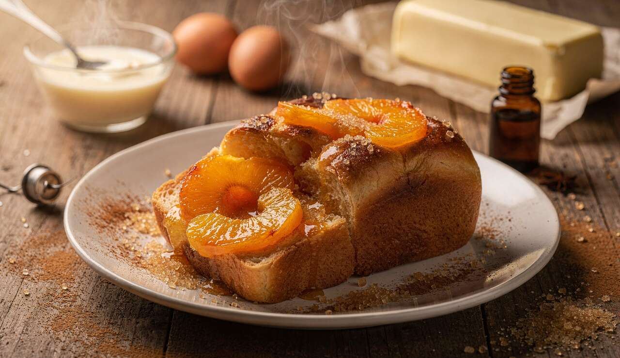 Brioche perdue au four à la pêche : recette gourmande