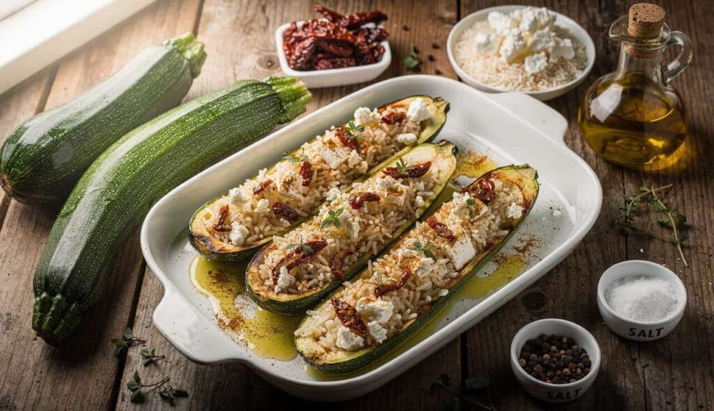 Courgettes farcies au riz et feta : recette gourmande au four