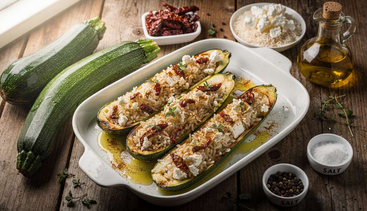 Courgettes farcies au riz et feta : recette gourmande au four