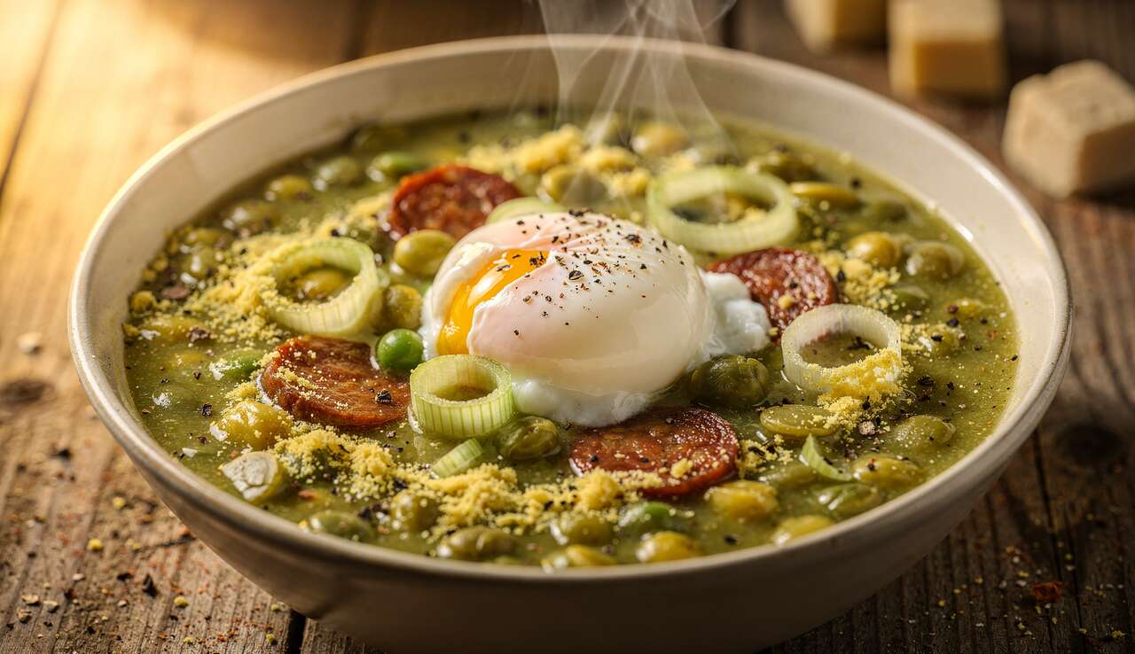 Soupe aux pois cassés, poireaux et chorizo avec œuf poché : une recette gourmande et réconfortante