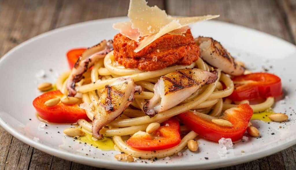 Salade de pâtes, seiches grillées et pesto de poivron