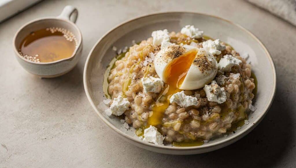 Risotto d'orge perlé au chèvre et œuf mollet