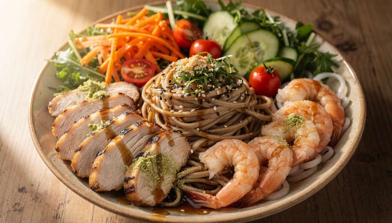 Salade japonaise au poulet, crevettes et nouilles soba : recette facile