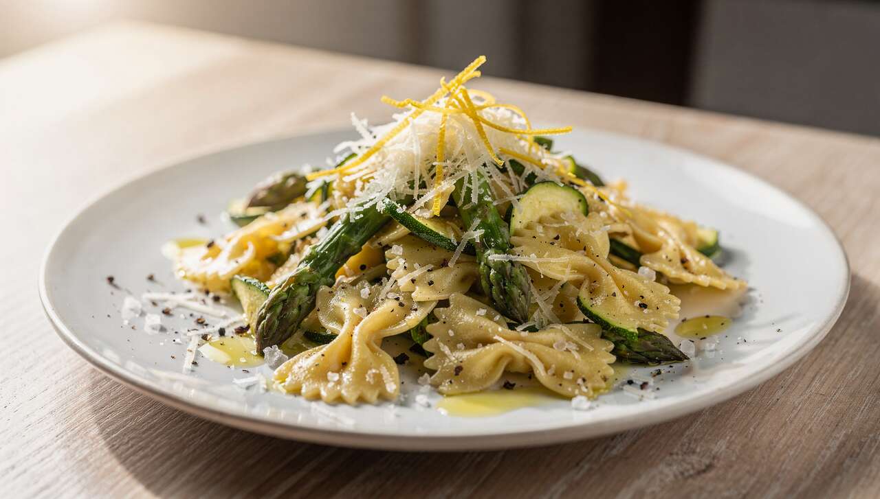 Salade de pâtes aux courgettes et asperges sauce citron