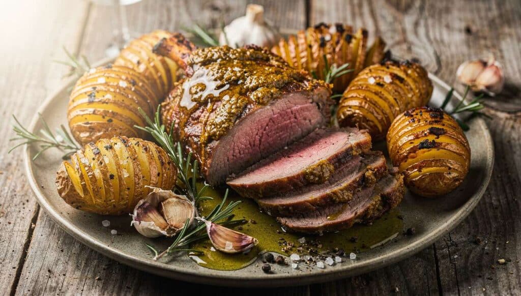 Gigot d'agneau au miel et moutarde avec pommes de terre Hasselback
