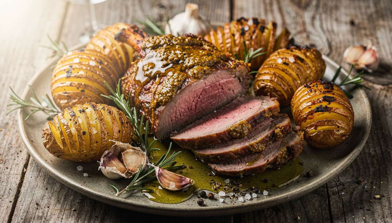 Gigot d'agneau au miel et moutarde avec pommes de terre Hasselback