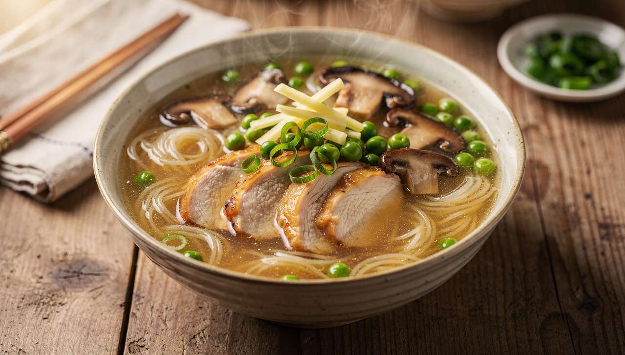 Recette savoureuse de soupe miso au poulet et vermicelles de riz