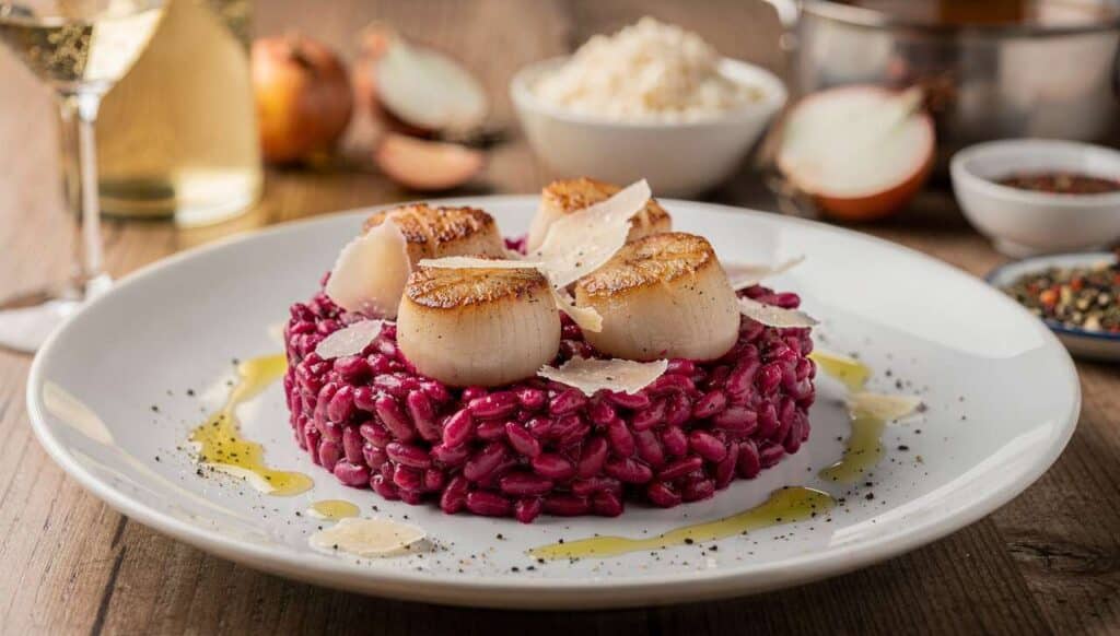 Risotto rose à la betterave et noix de Saint-Jacques : recette gourmande