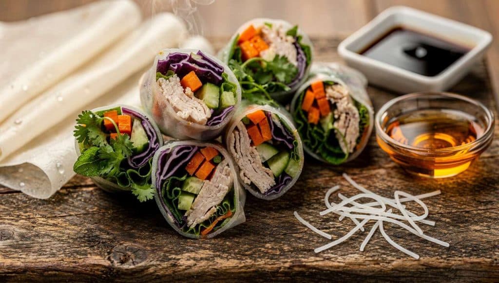 Rouleaux de printemps au poulet et légumes colorés