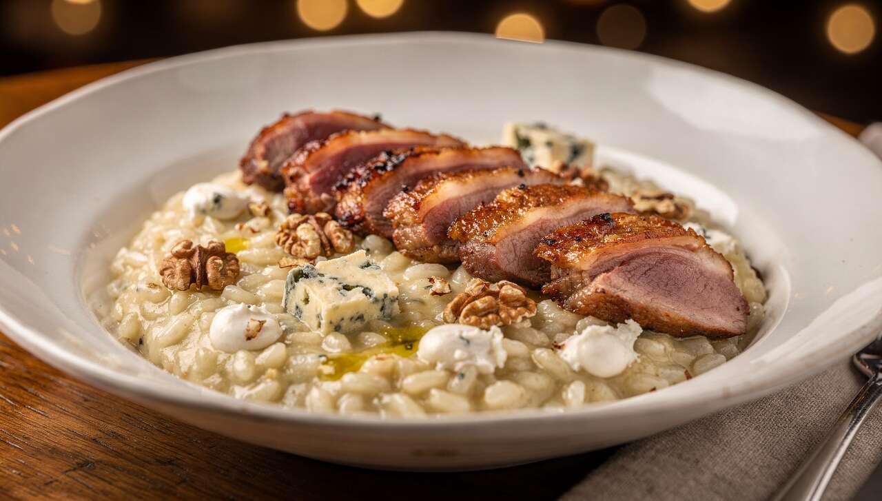 Risotto crémeux au St Agur, noix et magret croustillant