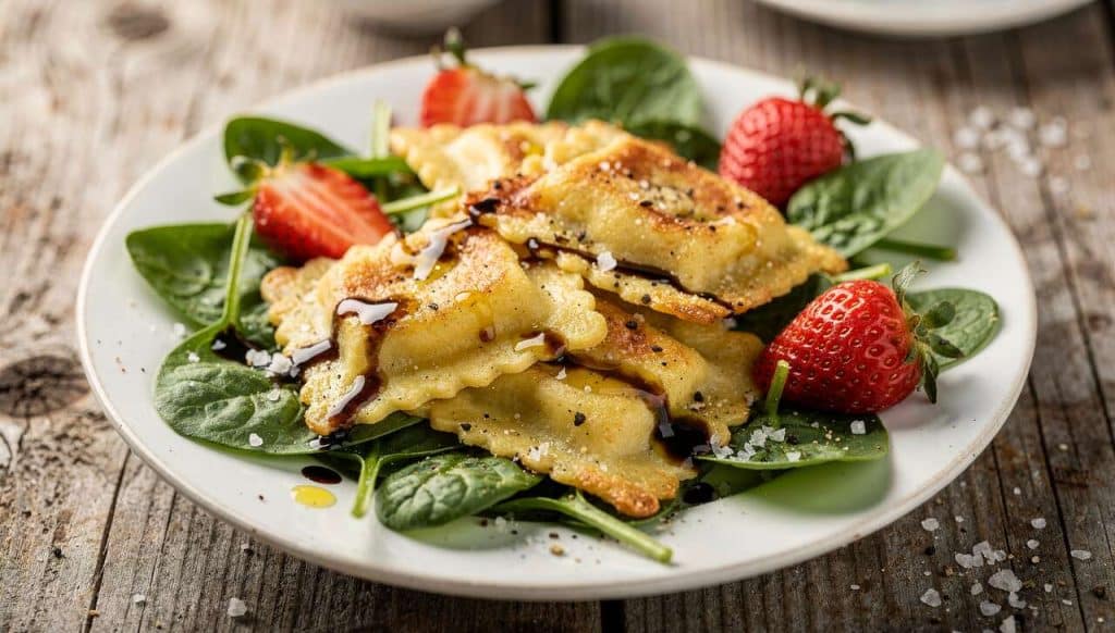 Salade printanière : ravioles poêlées, épinards et fraises